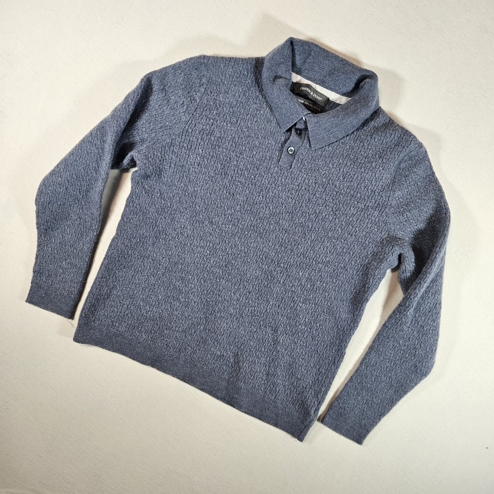 Grayson & Dunn Men's XL Long Sleeve 100% Merino Wool Knit Polo Shirt‎ Blue